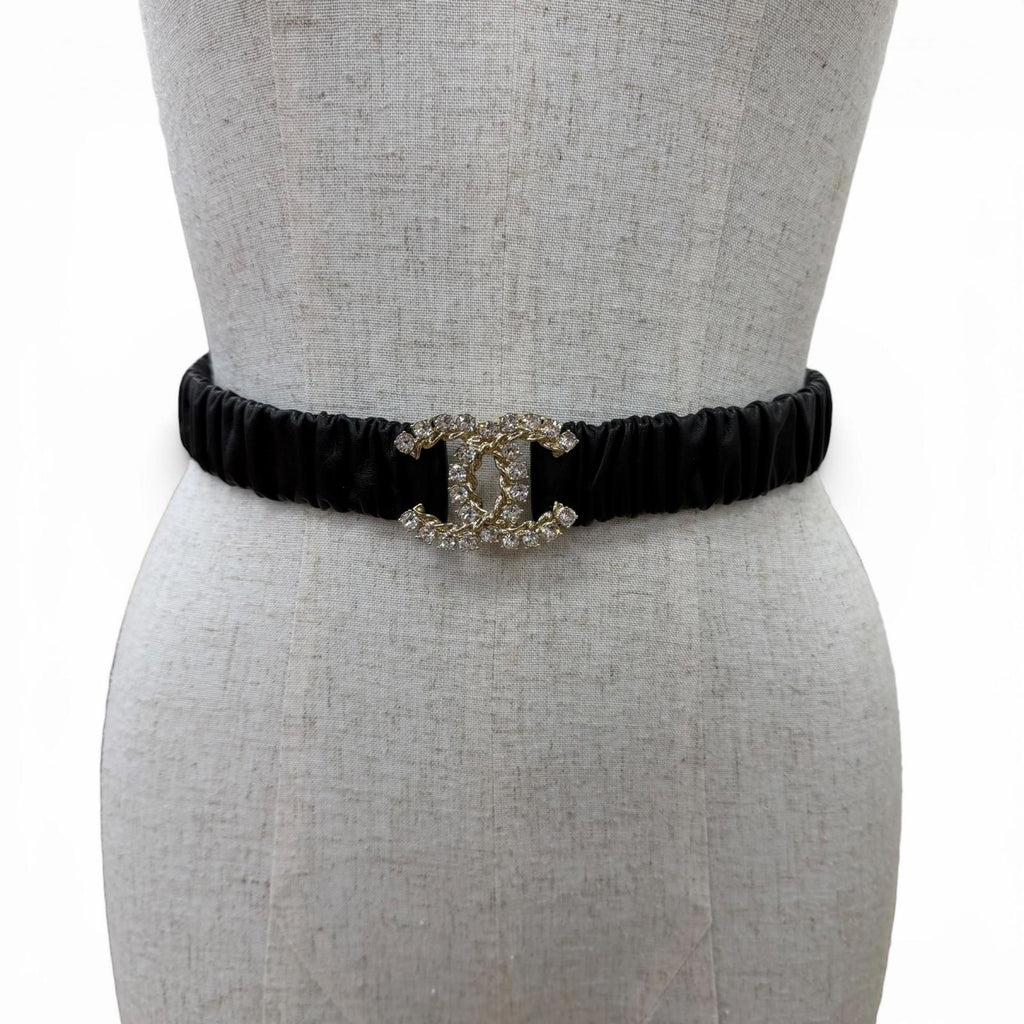 Chanel 21c CC Logo Rhinestone Leather Rubber Belt Black Gold — view 5