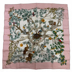 Hermes Carre 90 Coeur Des Bois in the Forest Silk 100% Scarf Pink Multicolor