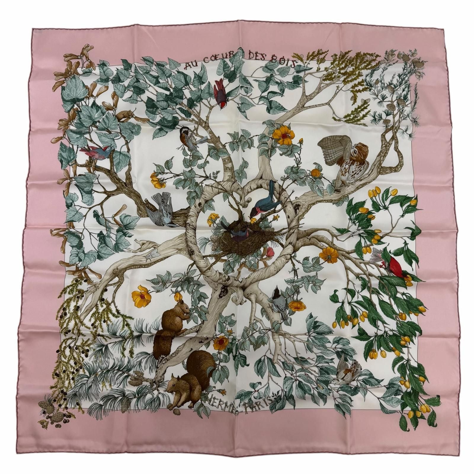 Hermes Carre 90 Coeur Des Bois in the Forest Silk 100% Scarf Pink Multicolor