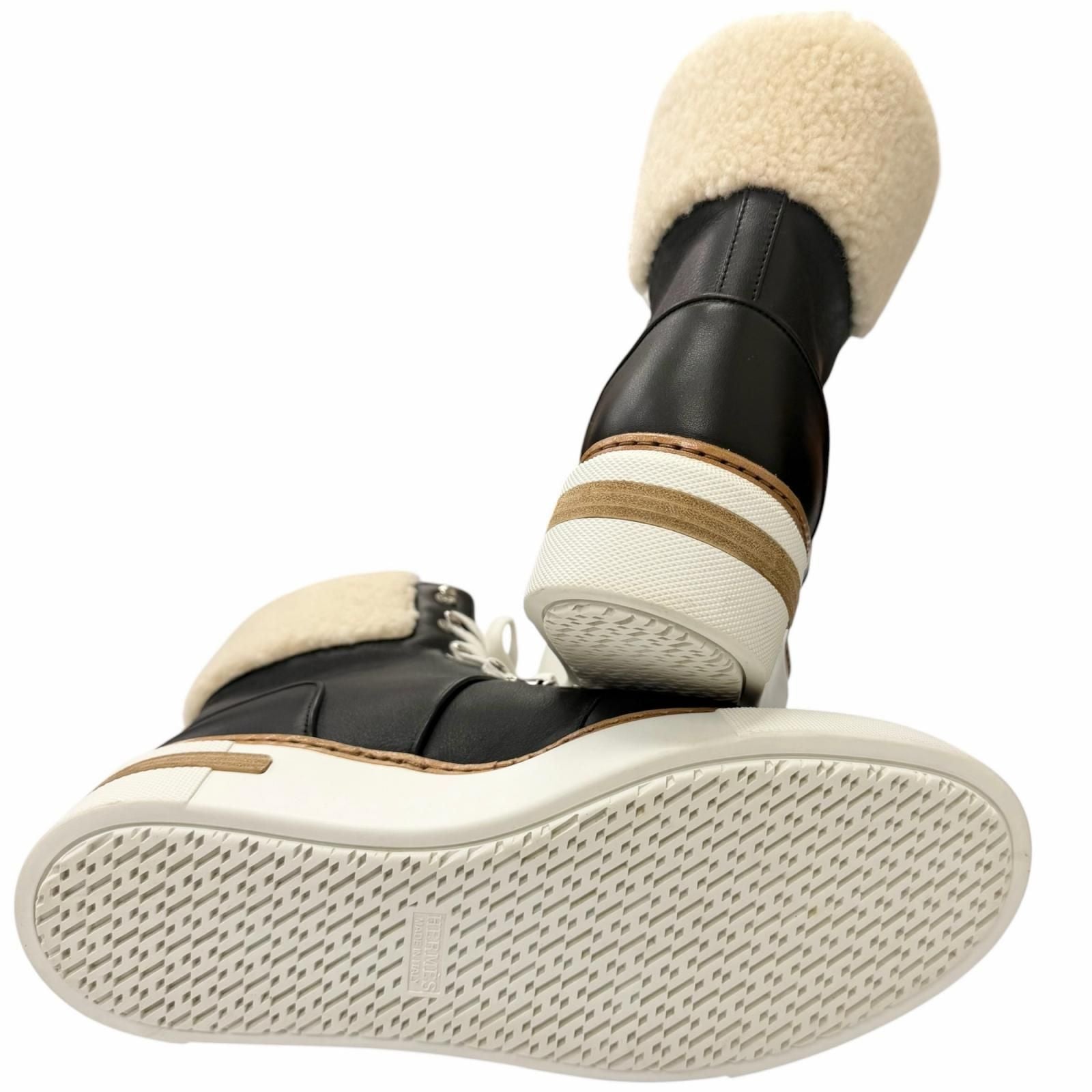 Hermes Flocon Leather Shearling Lace Up High Cut Sneakers Black 37 Recommended — view 4
