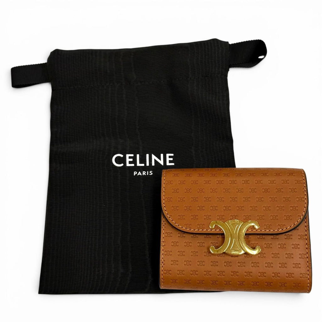 Celine Small Flap Wallet Triomphe Embossed Leather Trifold Brown — view 2