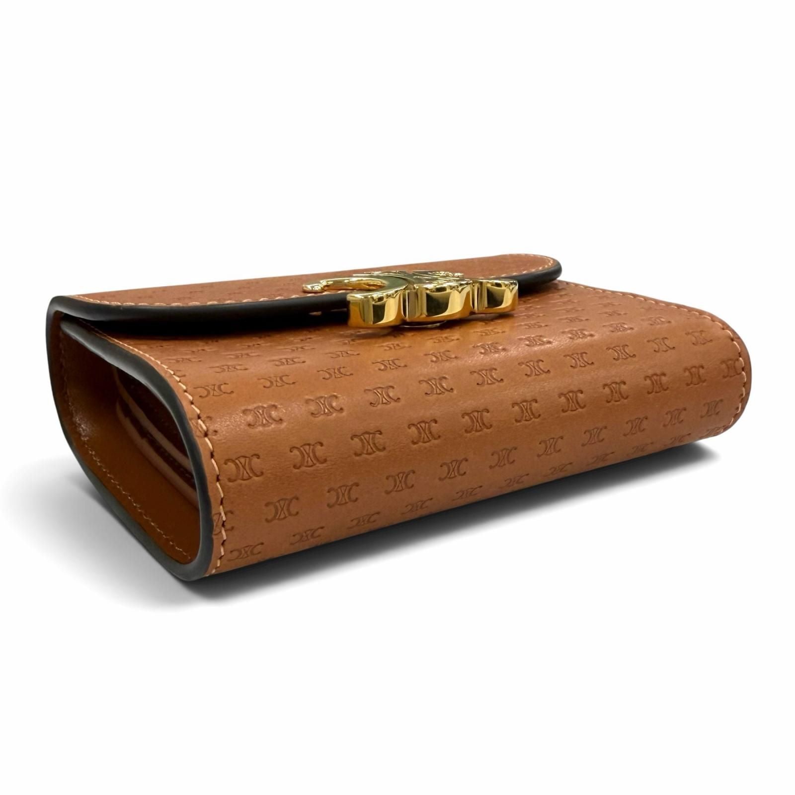 Celine Small Flap Wallet Triomphe Embossed Leather Trifold Brown — view 4