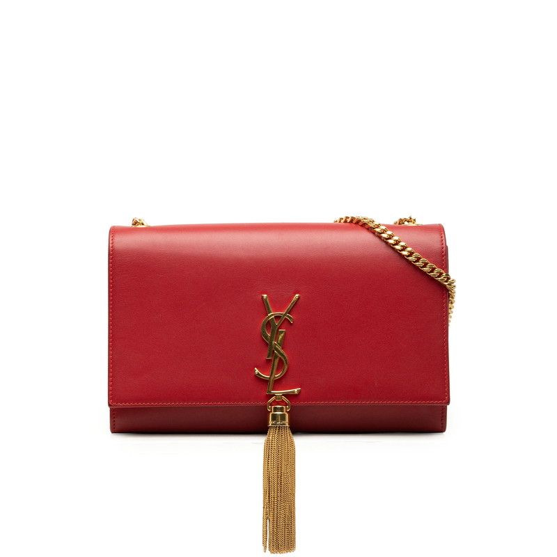 Saint Laurent Kate Tassel YSL Logo Chain Shoulder Bag Red Leather