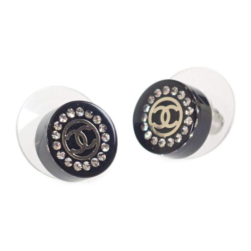 Chanel CC Round Earrings Rhinestone Black Silver — view 3
