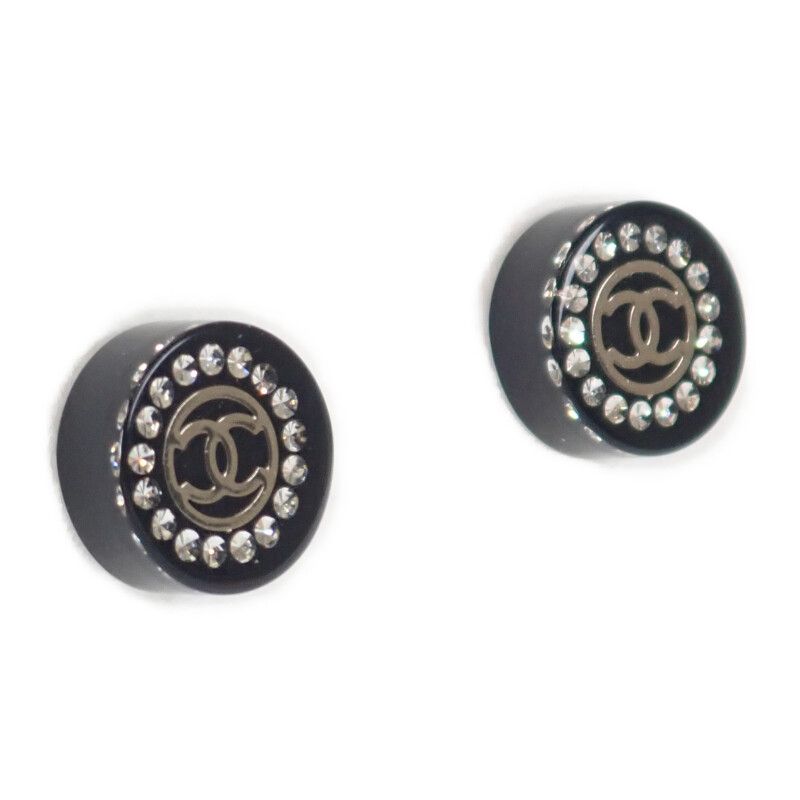 Chanel CC Round Earrings Rhinestone Black Silver — view 2