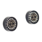 Chanel CC Round Earrings Rhinestone Black Silver — view 2