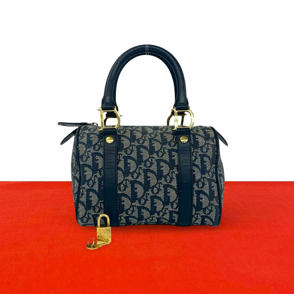 Dior Trotter Logo Pattern Canvas Leather Mini Boston Bag Navy
