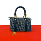 Dior Trotter Logo Pattern Canvas Leather Mini Boston Bag Navy