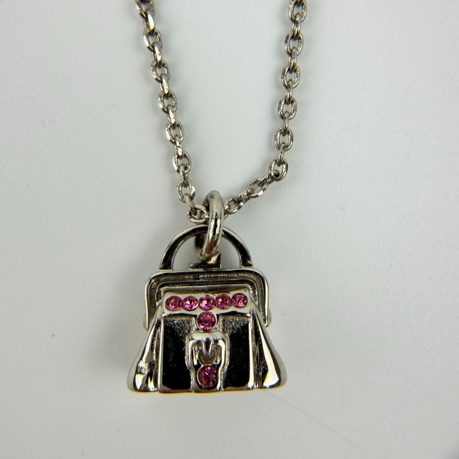 Celine Bag Motif Necklace Plated Rhinestone Silver Pink Vintage