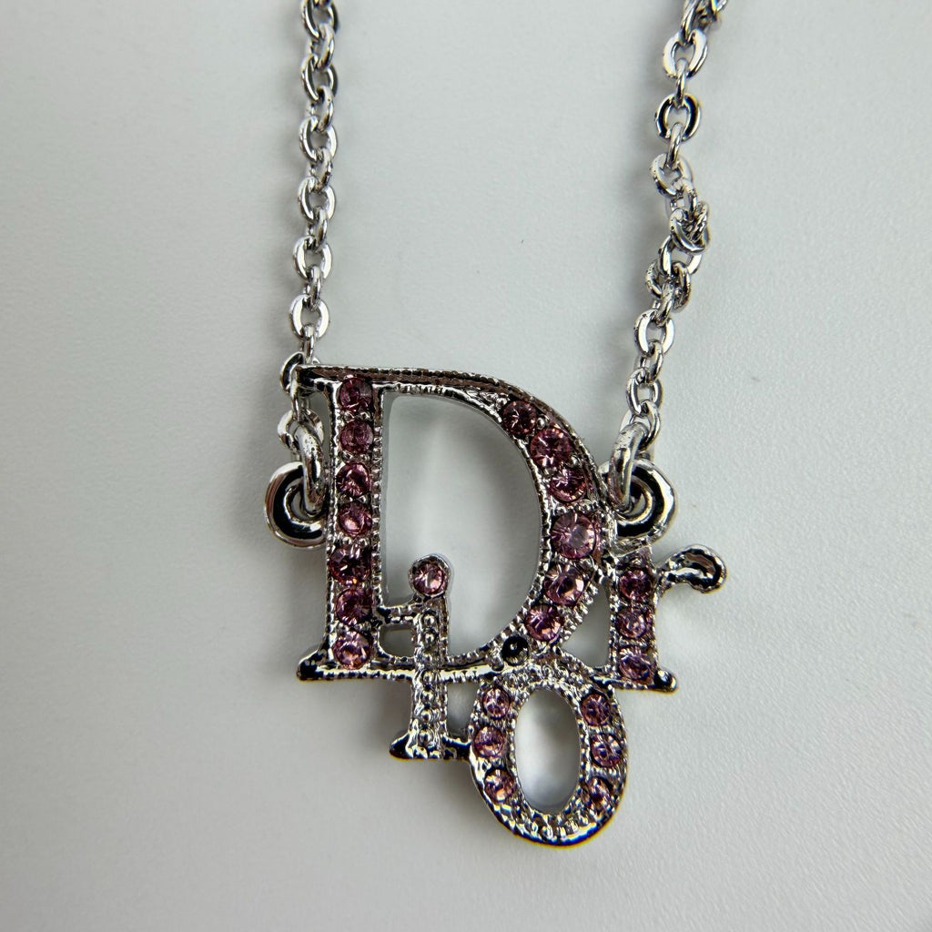 Dior Logo Rhinestone Necklace Plated Silver Pink Vintage