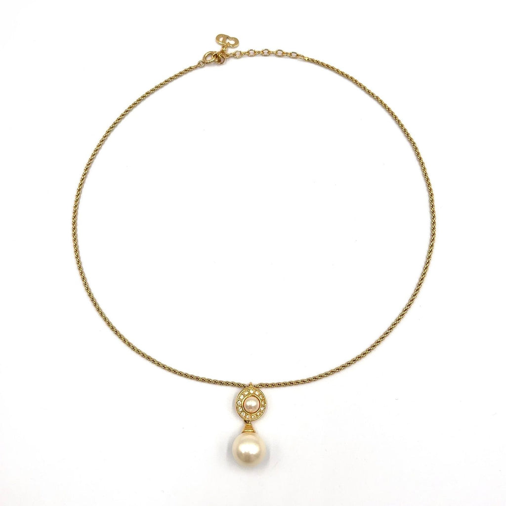 Dior Double Strand Drop Rhinestone Faux Pearl Gold Necklace — view 3