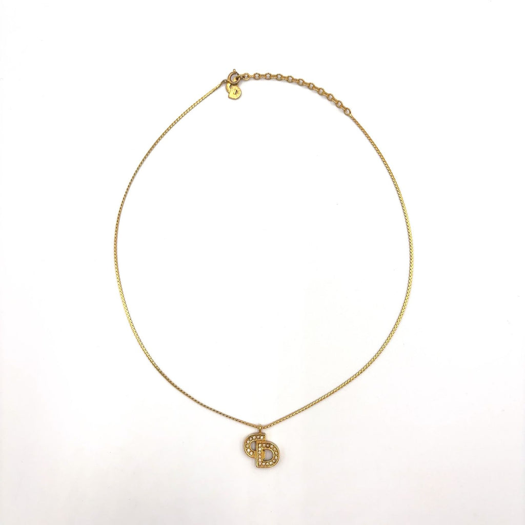Dior CD Logo Rhinestone Gold Necklace — view 3