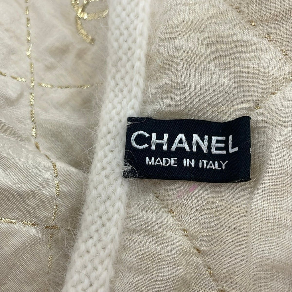 Chanel Scarf Ivory Gold Fur CC Logo Quilted Wool Cashmere Angora — view 2
