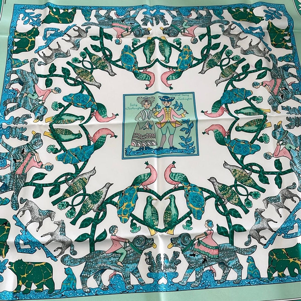Hermes Scarf Carre 90 White Light Green Multi Early America — view 4