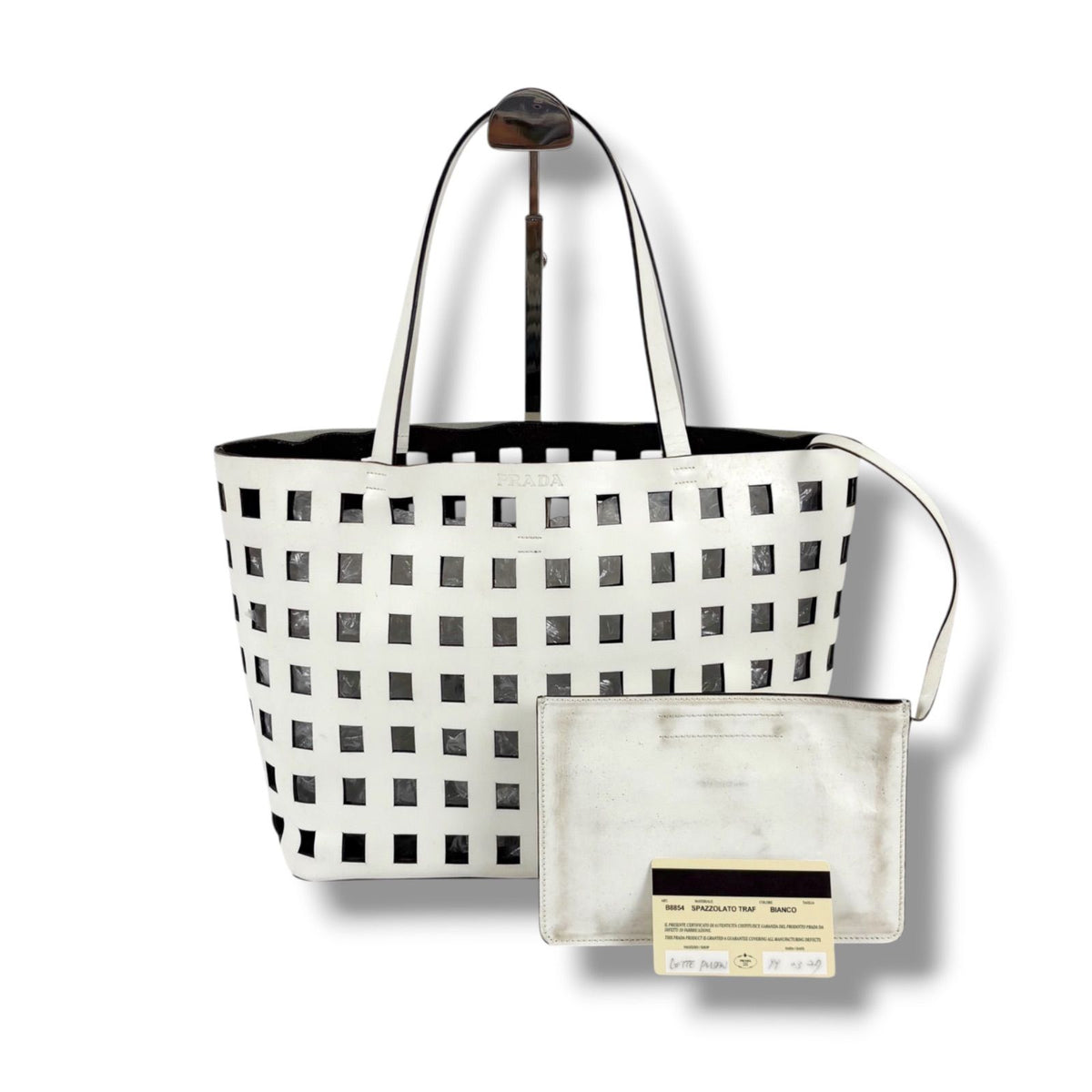 Prada Perforated Leather Mini Tote with Pouch Mirror Calf White