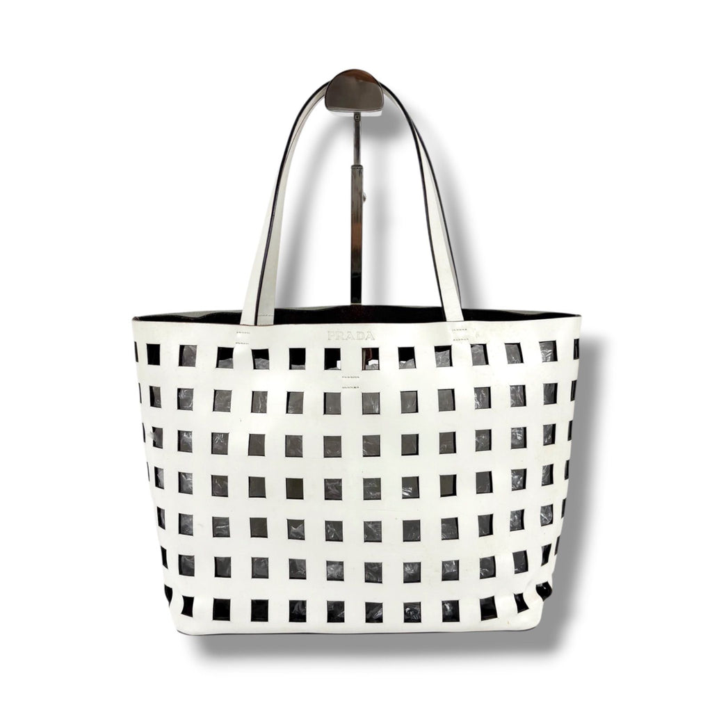 Prada Perforated Leather Mini Tote with Pouch Mirror Calf White — view 2