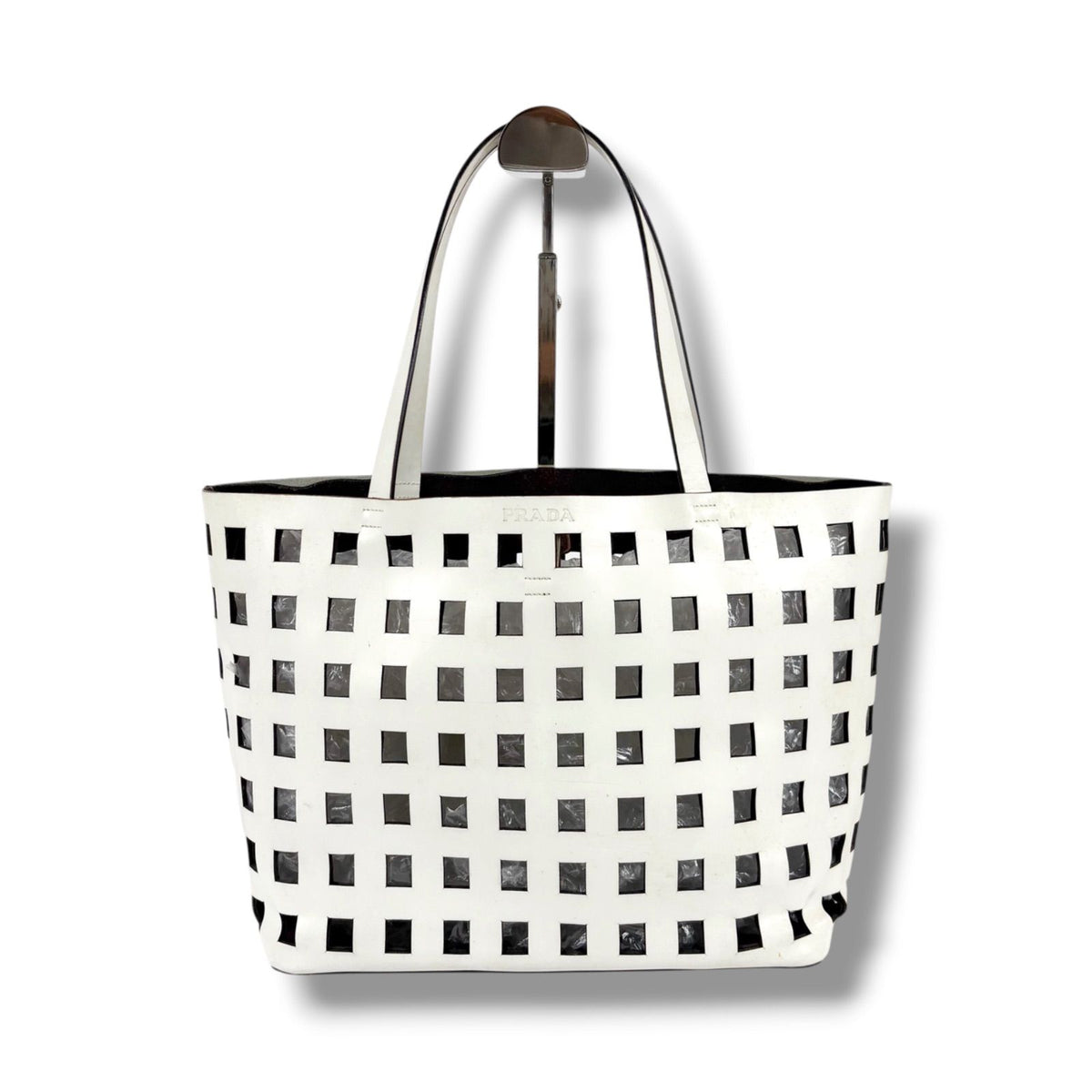 Prada Perforated Leather Mini Tote with Pouch Mirror Calf White — view 2
