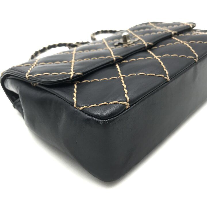 Chanel CC Logo Wild Stitch Chain Shoulder Bag Leather Black — view 4