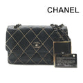 Chanel CC Logo Wild Stitch Chain Shoulder Bag Leather Black