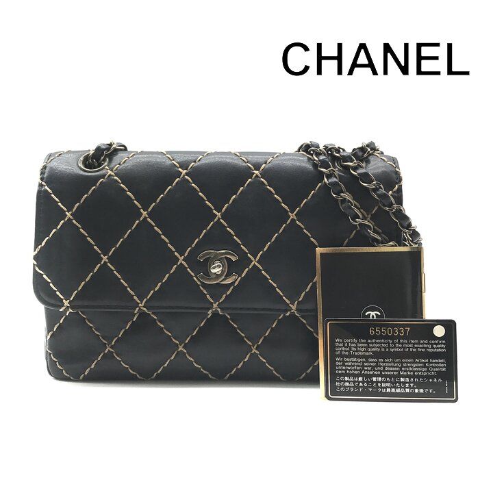 Chanel CC Logo Wild Stitch Chain Shoulder Bag Leather Black