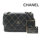 Chanel CC Logo Wild Stitch Chain Shoulder Bag Leather Black