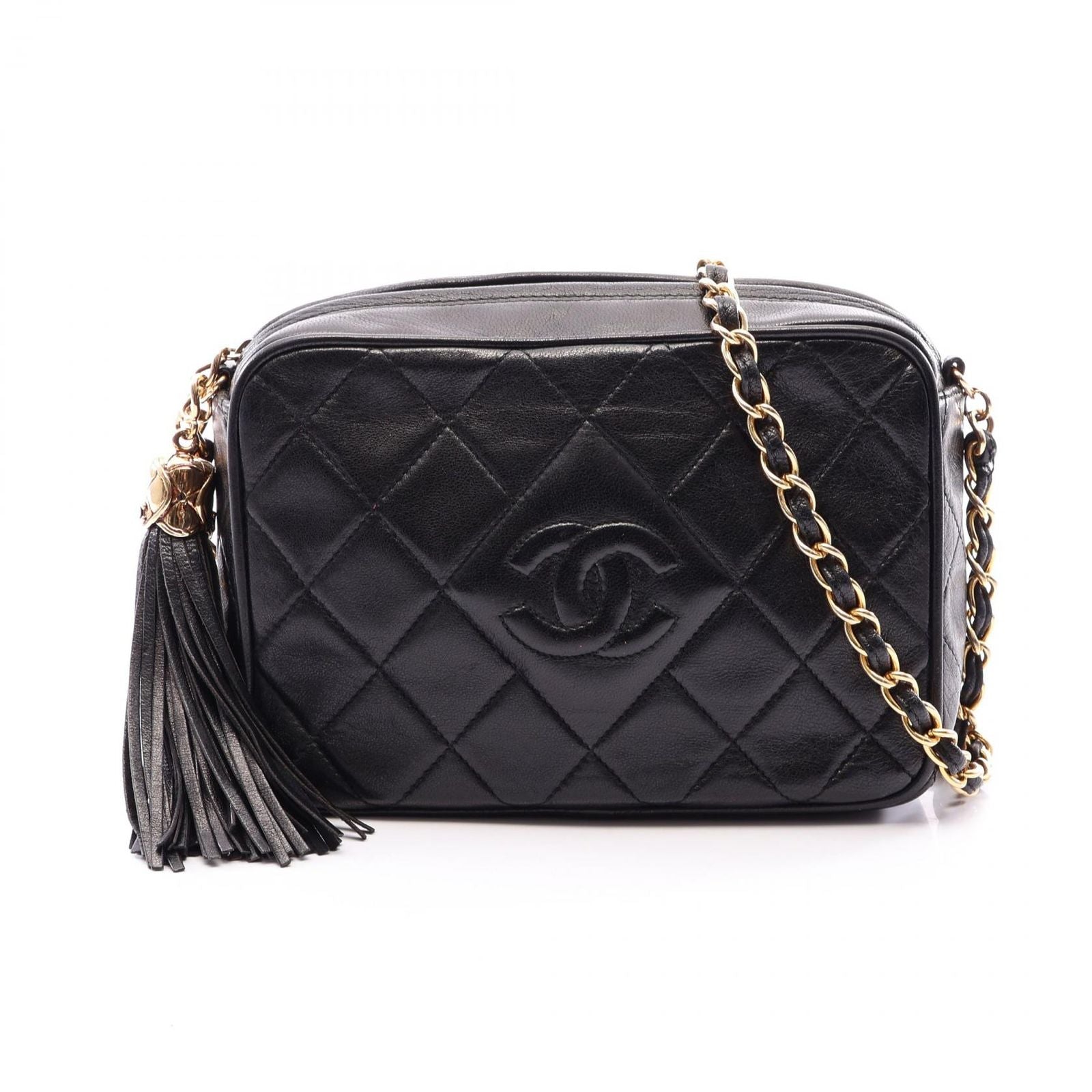 Chanel Shoulder Bag Diamond Stitch Mini Tassel Black Lambskin Quilted Fringe