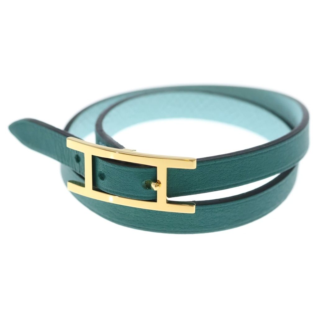 Hermes Behapi Double Tour Leather Strand Bracelet Gold Light Blue Green — view 5