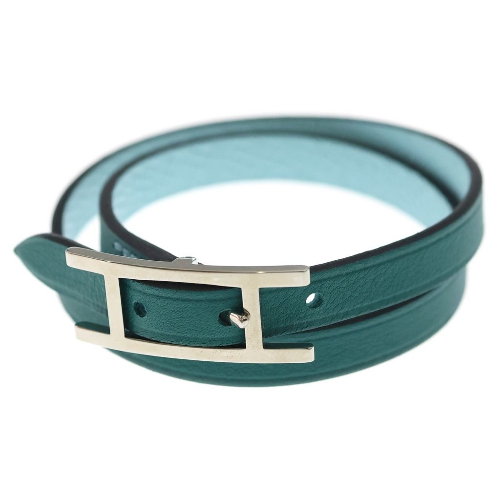 Hermes Behapi Double Tour Leather Strand Bracelet Silver Light Blue Green — view 5