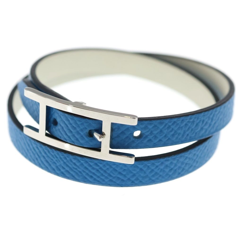 Hermes Behapi Double Tour Leather Strand Bracelet Silver Blue White