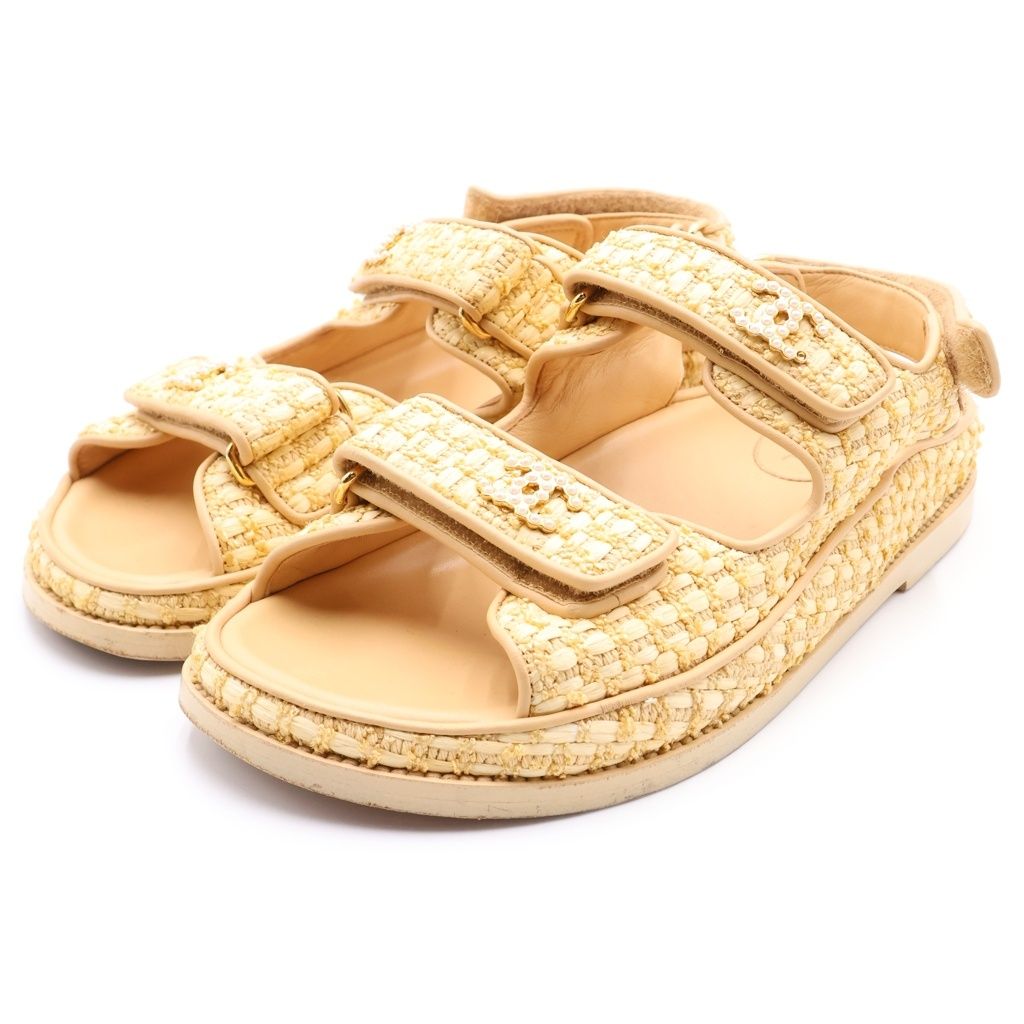 Chanel CC Logo Pearl Embellishment Tweed Sandals Yellow — view 2
