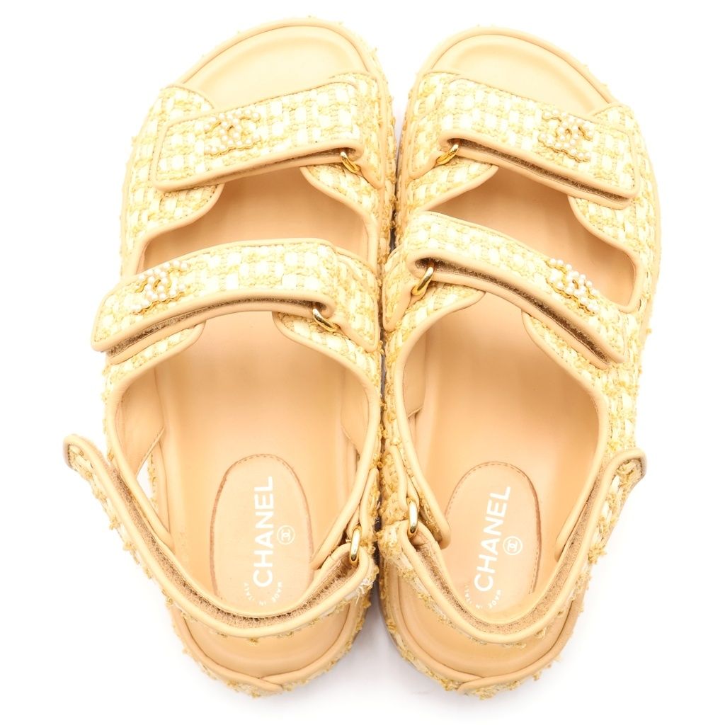 Chanel CC Logo Pearl Embellishment Tweed Sandals Yellow — view 4