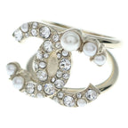 Chanel CC Logo Pearl Rhinestone Ring Gold