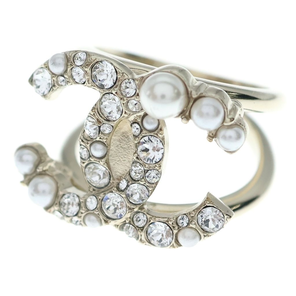 Chanel CC Logo Pearl Rhinestone Ring Gold