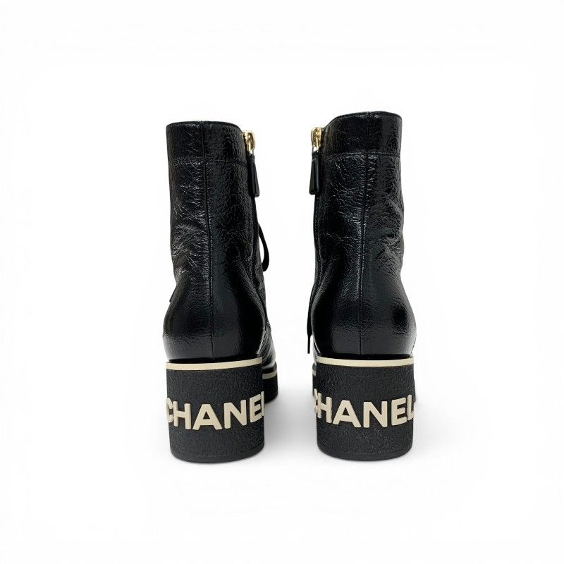 Chanel Boots Short Shoes Leather Black White CC Logo Lace — view 5