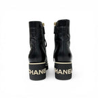 Chanel Boots Short Shoes Leather Black White CC Logo Lace — view 5