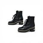 Chanel Boots Short Shoes Leather Black White CC Logo Lace — view 3