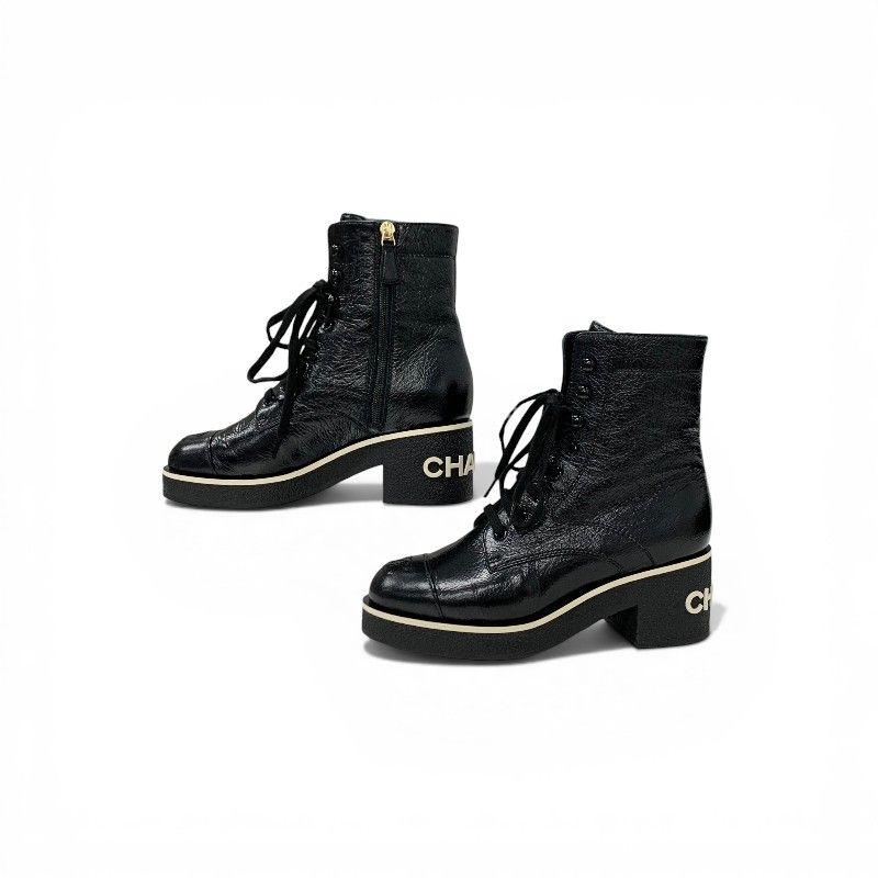 Chanel Boots Short Shoes Leather Black White CC Logo Lace — view 3