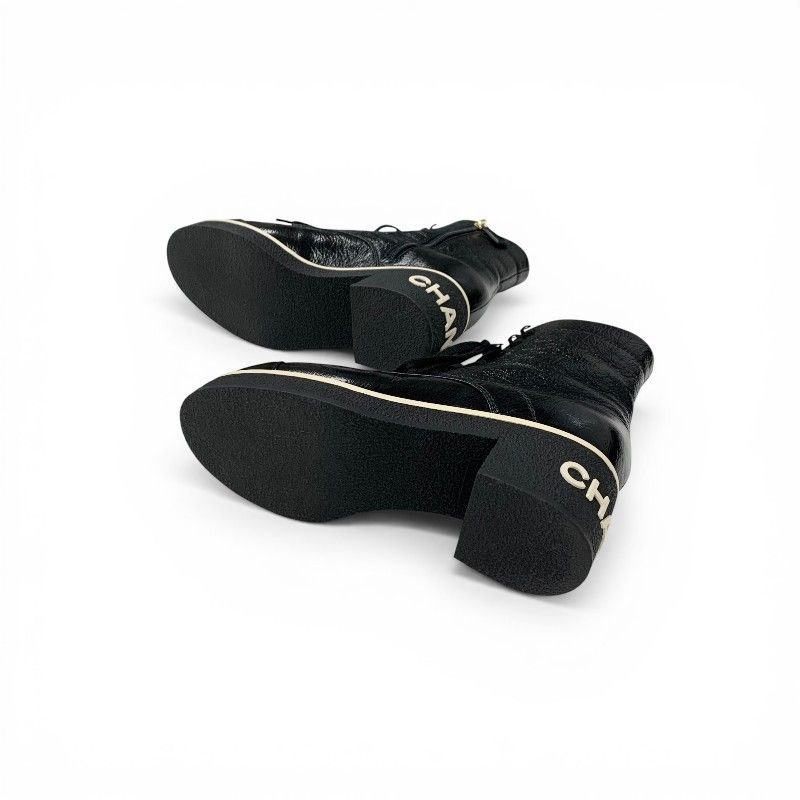 Chanel Boots Short Shoes Leather Black White CC Logo Lace — view 6