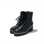 Chanel Boots Short Shoes Leather Black White CC Logo Lace