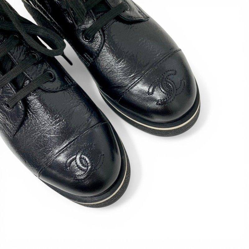 Chanel Boots Short Shoes Leather Black White CC Logo Lace — view 9
