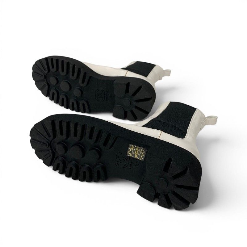 Chanel Boots Short Shoes Leather Patent White Black CC Logo Side Gore — view 6