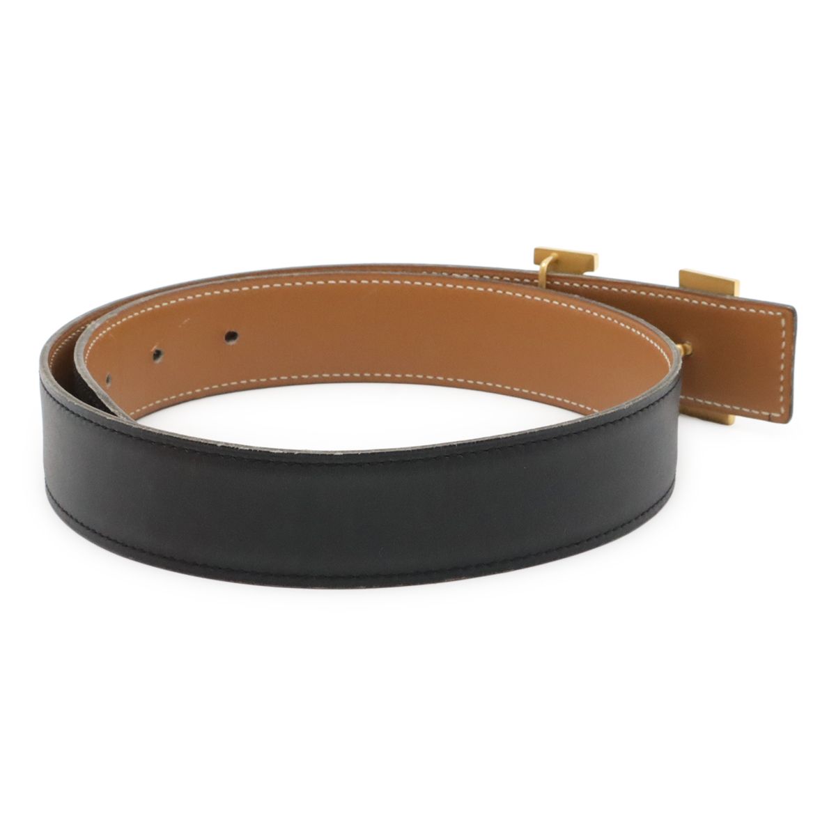 Hermes Belt Buckle Reversible Box Calf Leather Black Light Brown Gold 62 — view 2
