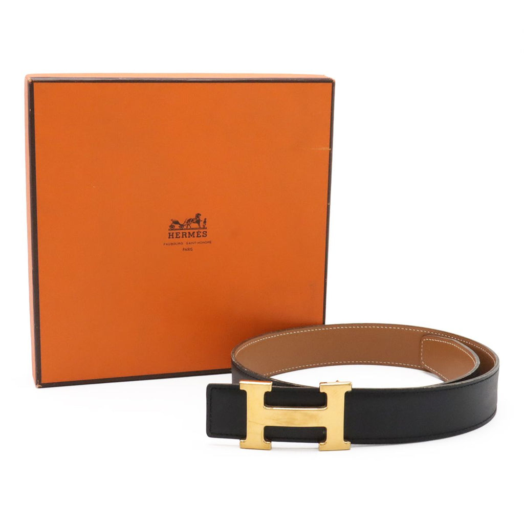 Hermes Belt Buckle Reversible Box Calf Leather Black Light Brown Gold 62 — view 7