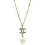 Chanel CC Logo Faux Pearl Pendant Rhinestone Gold Ivory