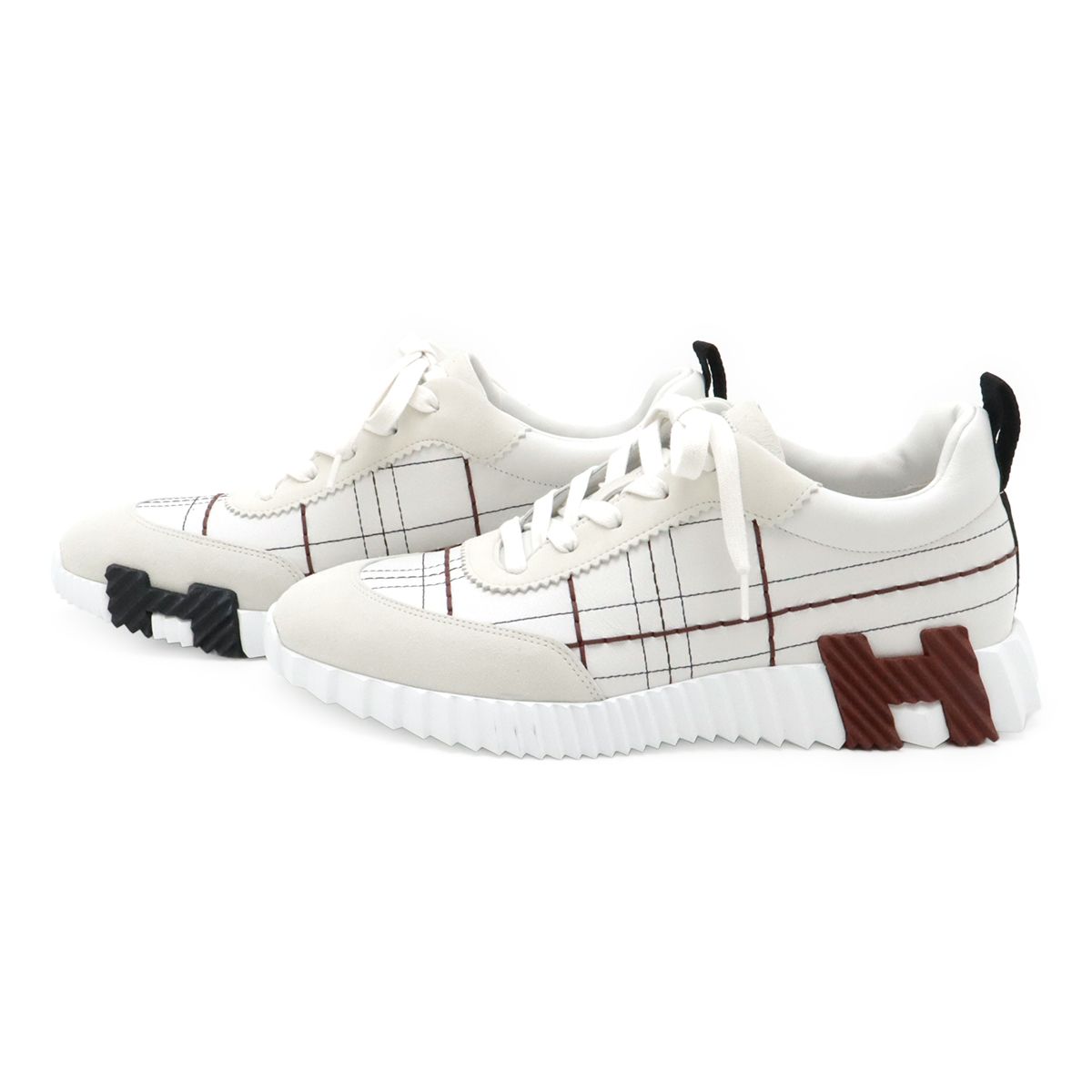 Hermes Bouncing Sneakers Logo Tartan Motif Leather White — view 2