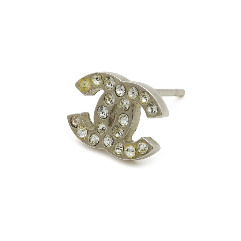 Chanel CC Logo Earrings Rhinestone Metal Silver — view 4
