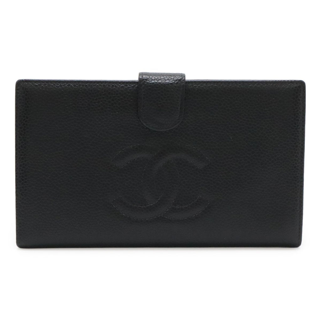 Chanel CC Logo Kiss Lock Wallet Caviar Leather Black Gold