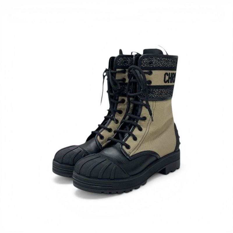 Dior D-major Boots Short Shoes Calfskin Leather Fabric Black Dark Beige Logo