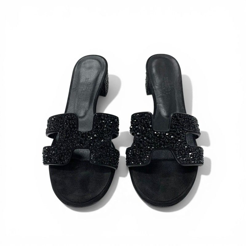 Hermes Oasis Sandals Shoes Leather Suede Black Rhinestone Mules — view 2