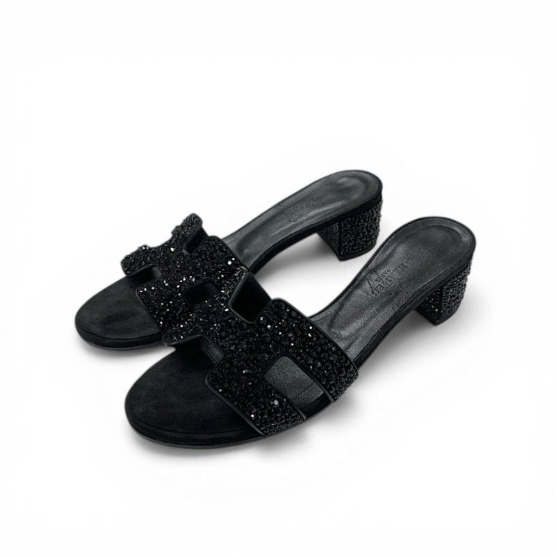 Hermes Oasis Sandals Shoes Leather Suede Black Rhinestone Mules